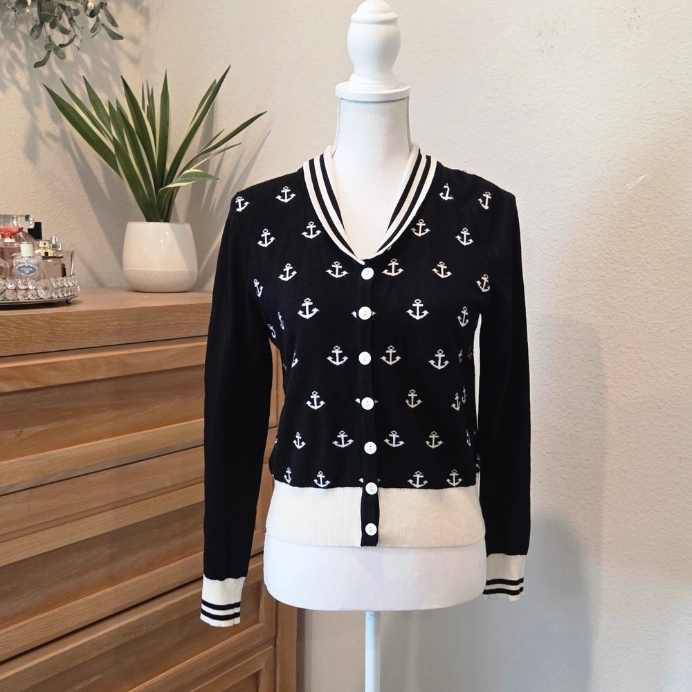 Banned Apparel Cardigan Viscose Anchor Nautical Slim Black White Rockabilly L
